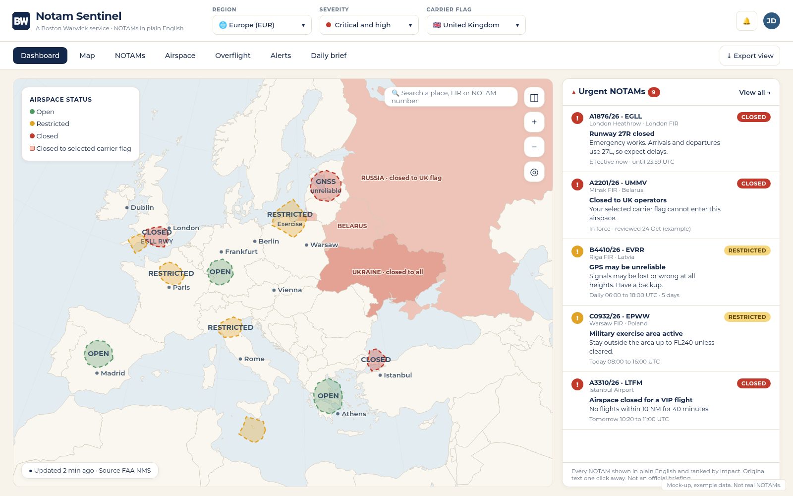 Notam Sentinel map of Europe with closed and restricted airspace shaded, next to a list of urgent NOTAMs in plain English